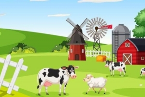 Cartoon pictur of farm animals, cow, sheep