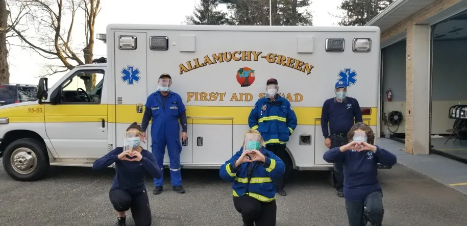 First Responders wearing face shields with holders produced by 3D printers at Centenary Stage Company.